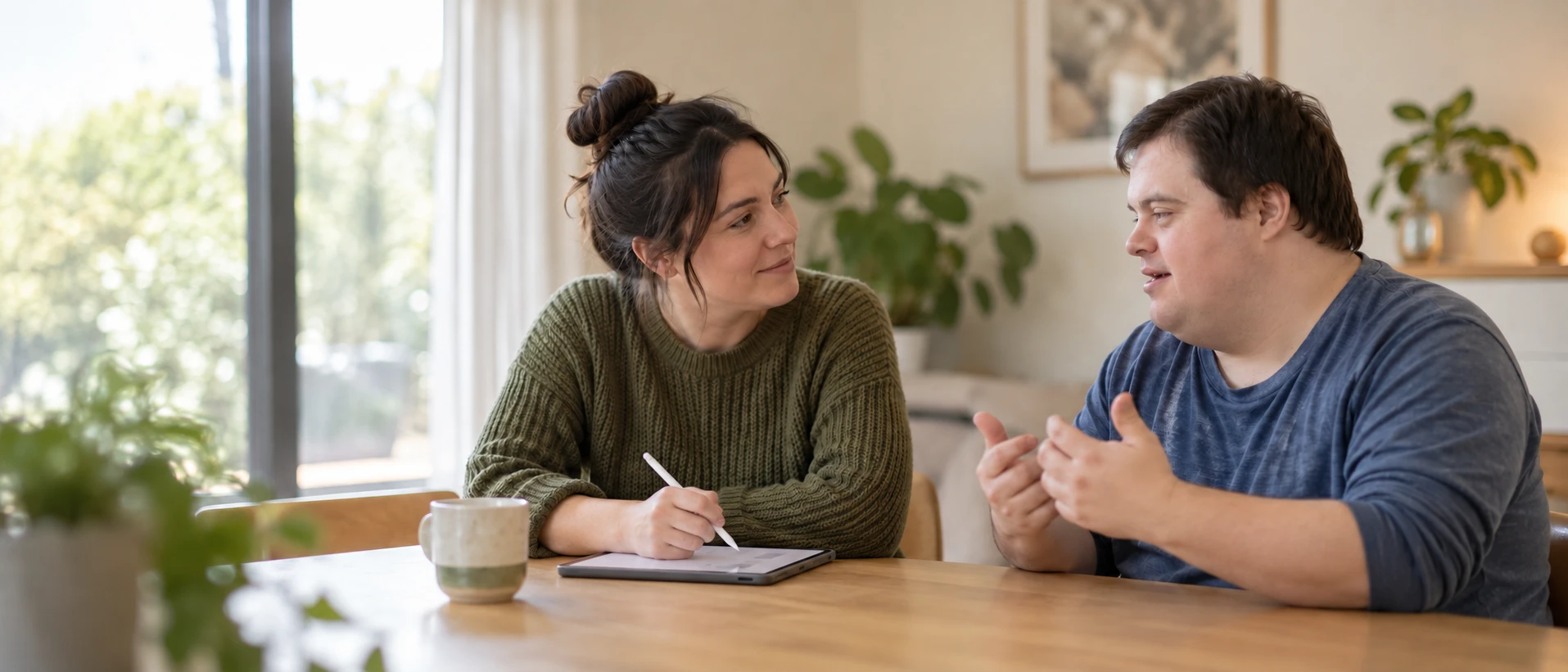 A practitioner with a tablet listens as a young man explains something at a kitchen table.