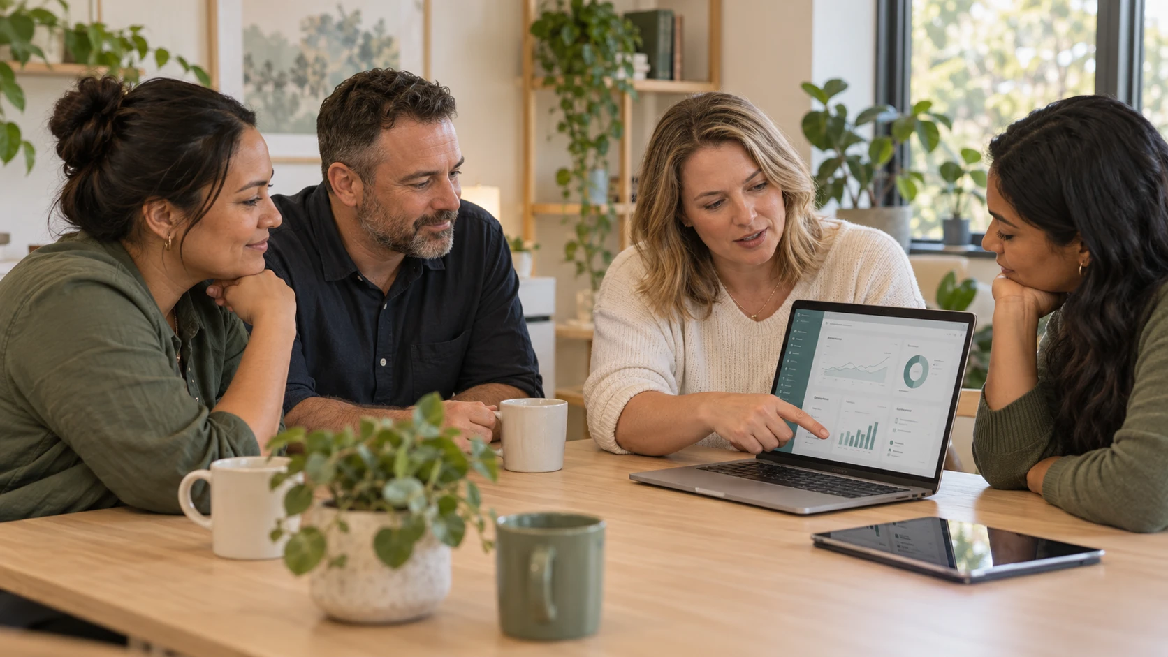 A practitioner shows evidence charts on a laptop to three colleagues around a table.